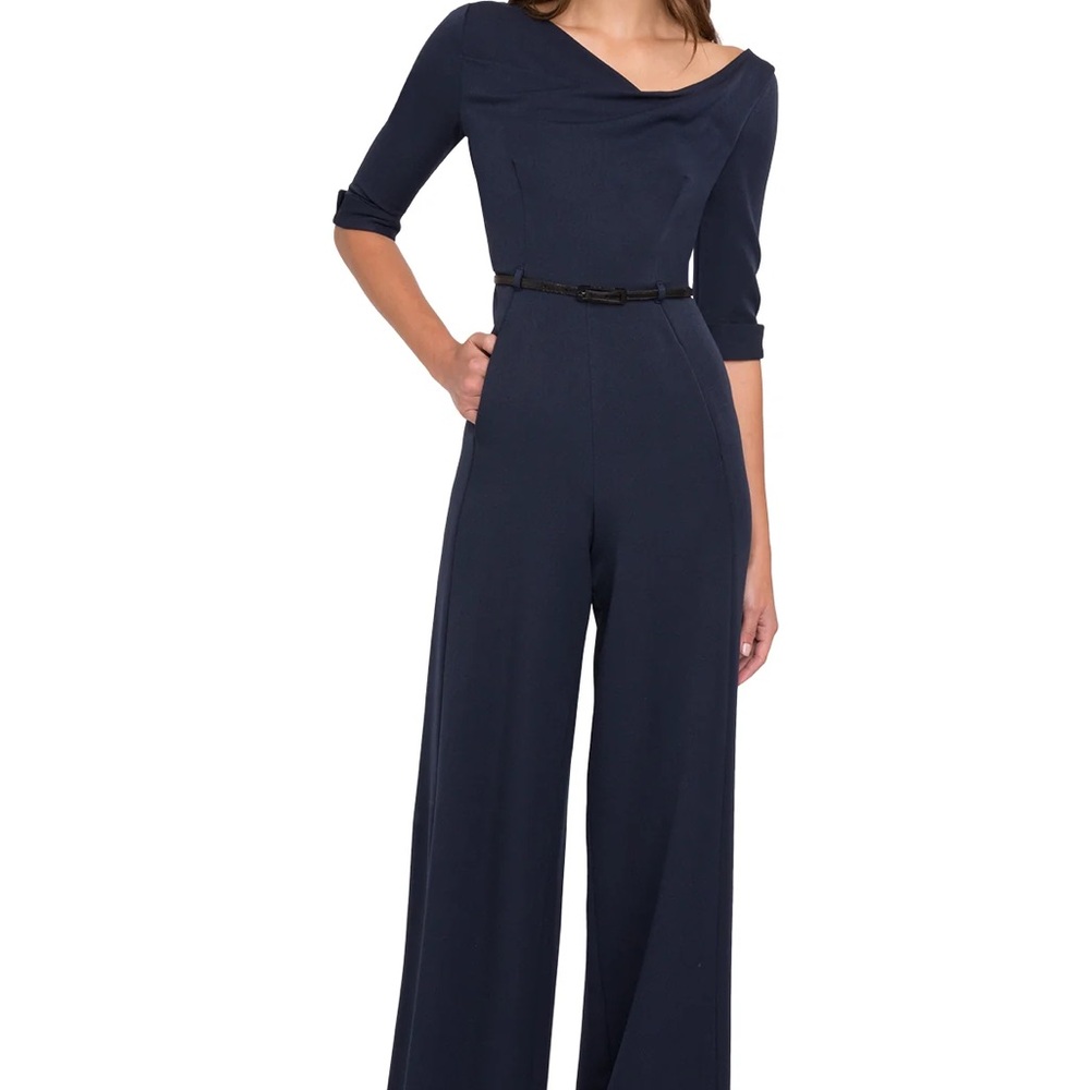Black Halo Woman's Navy Iconic Jackie O Jumpsuit Sz 8